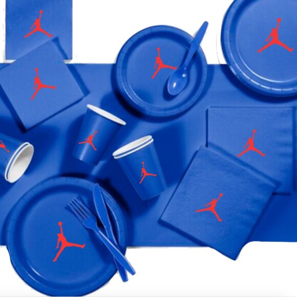 Custom shoe Paper Party Plates Set, Blue, 60 Count, Basketball Theme, Jumpman - Picture 1 of 5